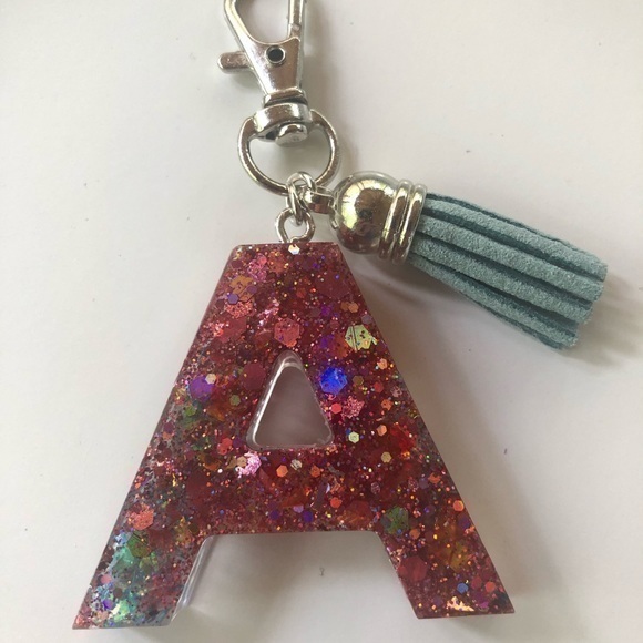 Handmade A Pink Glitter Resin Key Chain Bag Charm - Picture 1 of 6